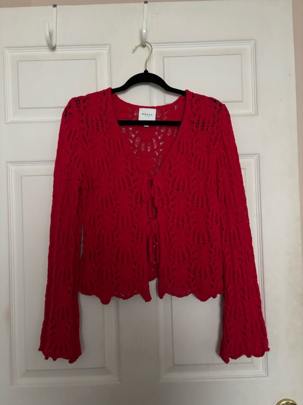 Red Crochet Tie-Front Cardigan
